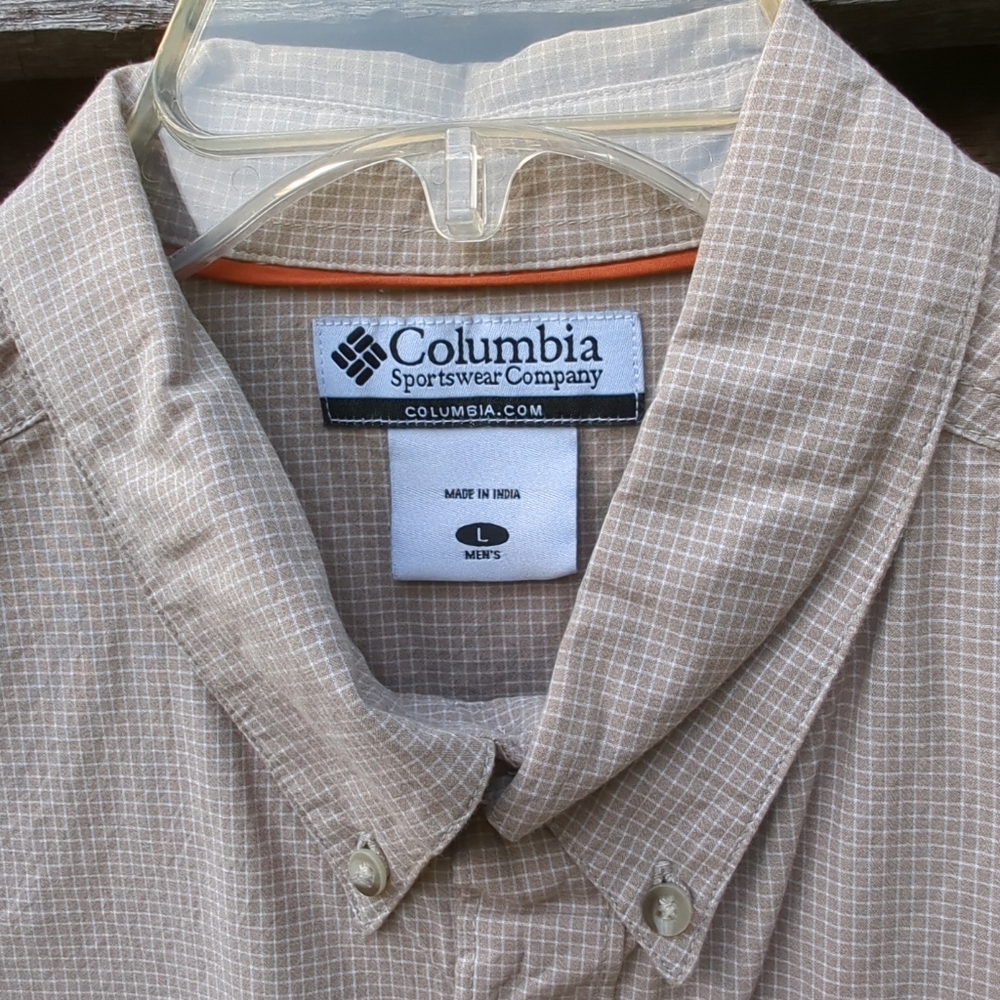 Columbia Mens Large Short Sleeve Button Up Cotton Shirt Plaid Tan and White - Picture 1 of 11